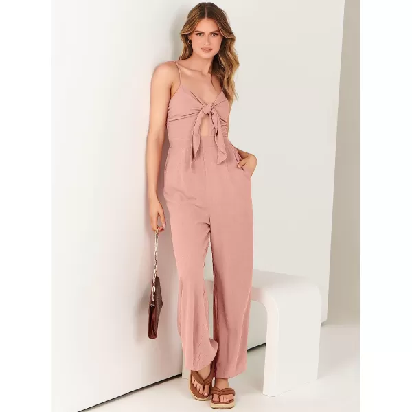 imageANRABESS Jumpsuit for Women Casual Summer Beach Vacation Outfits Sleeveless Tie Knot Cutout Linen Romper Jumper 2023Pink
