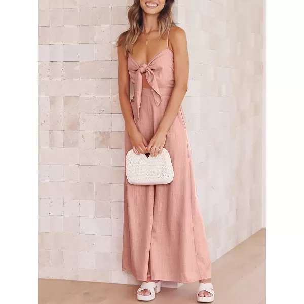 imageANRABESS Jumpsuit for Women Casual Summer Beach Vacation Outfits Sleeveless Tie Knot Cutout Linen Romper Jumper 2023Pink