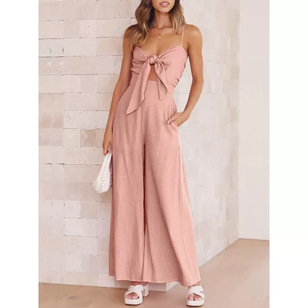 imageANRABESS Jumpsuit for Women Casual Summer Beach Vacation Outfits Sleeveless Tie Knot Cutout Linen Romper Jumper 2023Pink
