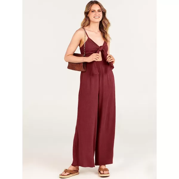 imageANRABESS Jumpsuit for Women Casual Summer Beach Vacation Outfits Sleeveless Tie Knot Cutout Linen Romper Jumper 2023Red