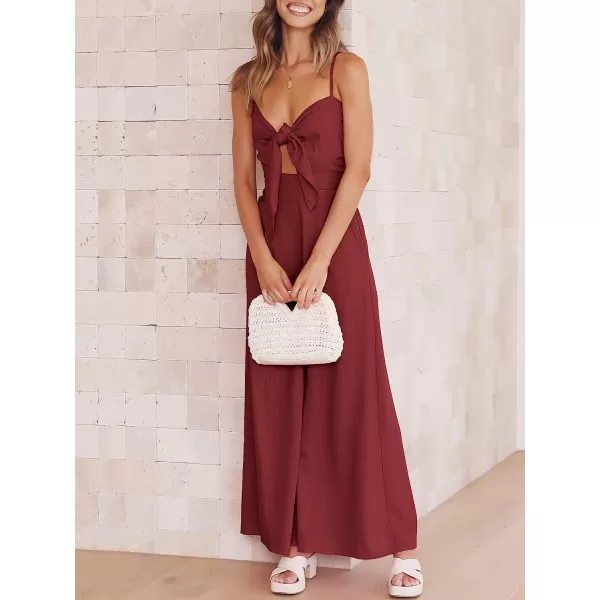 imageANRABESS Jumpsuit for Women Casual Summer Beach Vacation Outfits Sleeveless Tie Knot Cutout Linen Romper Jumper 2023Red