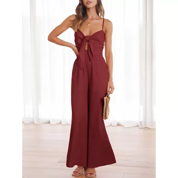 imageANRABESS Jumpsuit for Women Casual Summer Beach Vacation Outfits Sleeveless Tie Knot Cutout Linen Romper Jumper 2023Red