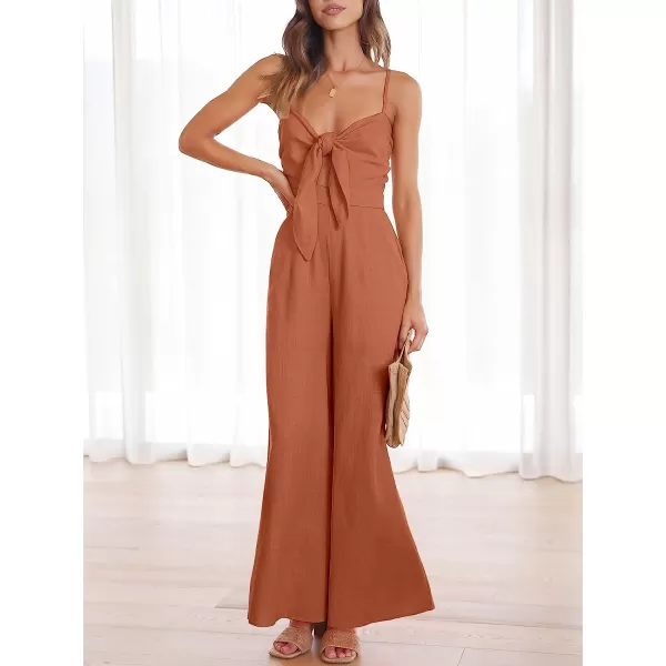 imageANRABESS Jumpsuit for Women Casual Summer Beach Vacation Outfits Sleeveless Tie Knot Cutout Linen Romper Jumper 2023Rust