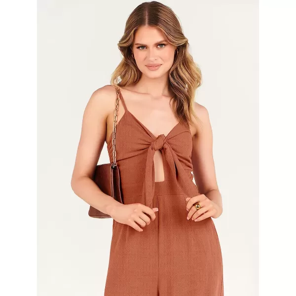imageANRABESS Jumpsuit for Women Casual Summer Beach Vacation Outfits Sleeveless Tie Knot Cutout Linen Romper Jumper 2023Rust