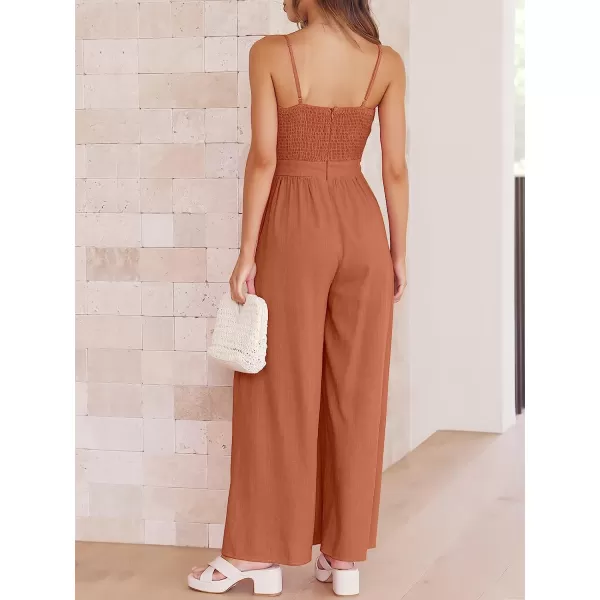 imageANRABESS Jumpsuit for Women Casual Summer Beach Vacation Outfits Sleeveless Tie Knot Cutout Linen Romper Jumper 2023Rust