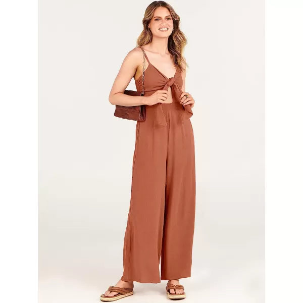 imageANRABESS Jumpsuit for Women Casual Summer Beach Vacation Outfits Sleeveless Tie Knot Cutout Linen Romper Jumper 2023Rust