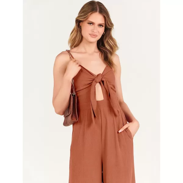 imageANRABESS Jumpsuit for Women Casual Summer Beach Vacation Outfits Sleeveless Tie Knot Cutout Linen Romper Jumper 2023Rust