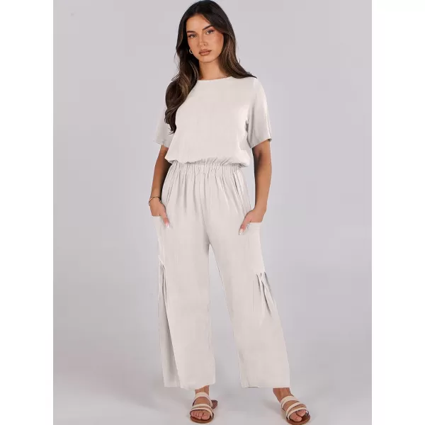 imageANRABESS Jumpsuits for Women 2024 Casual Summer Linen Romper Short Sleeve Wide Leg Long Pants Jumper With PocketsBeige