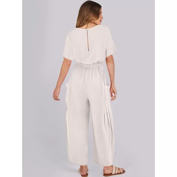 imageANRABESS Jumpsuits for Women 2024 Casual Summer Linen Romper Short Sleeve Wide Leg Long Pants Jumper With PocketsBeige