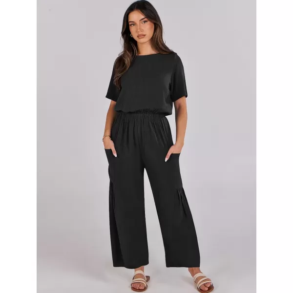 imageANRABESS Jumpsuits for Women 2024 Casual Summer Linen Romper Short Sleeve Wide Leg Long Pants Jumper With PocketsBlack