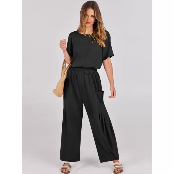 imageANRABESS Jumpsuits for Women 2024 Casual Summer Linen Romper Short Sleeve Wide Leg Long Pants Jumper With PocketsBlack
