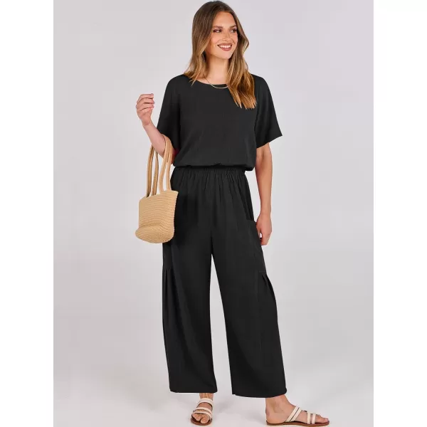 imageANRABESS Jumpsuits for Women 2024 Casual Summer Linen Romper Short Sleeve Wide Leg Long Pants Jumper With PocketsBlack
