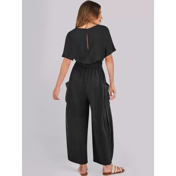 imageANRABESS Jumpsuits for Women 2024 Casual Summer Linen Romper Short Sleeve Wide Leg Long Pants Jumper With PocketsBlack