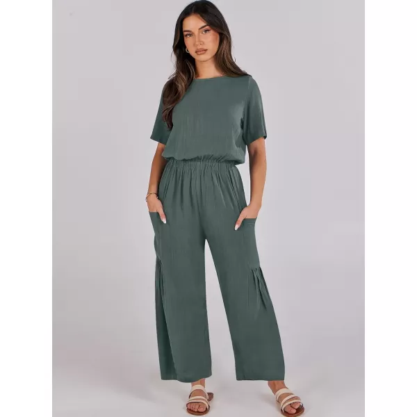 imageANRABESS Jumpsuits for Women 2024 Casual Summer Linen Romper Short Sleeve Wide Leg Long Pants Jumper With PocketsGrey Blue
