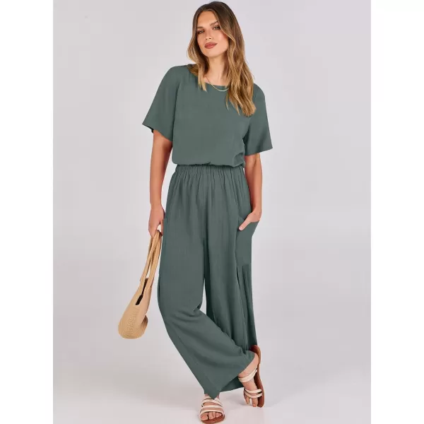 imageANRABESS Jumpsuits for Women 2024 Casual Summer Linen Romper Short Sleeve Wide Leg Long Pants Jumper With PocketsGrey Blue