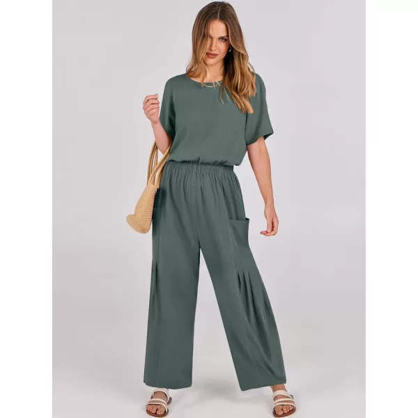 imageANRABESS Jumpsuits for Women 2024 Casual Summer Linen Romper Short Sleeve Wide Leg Long Pants Jumper With PocketsGrey Blue