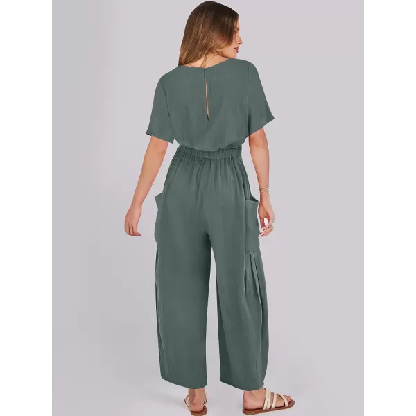 imageANRABESS Jumpsuits for Women 2024 Casual Summer Linen Romper Short Sleeve Wide Leg Long Pants Jumper With PocketsGrey Blue
