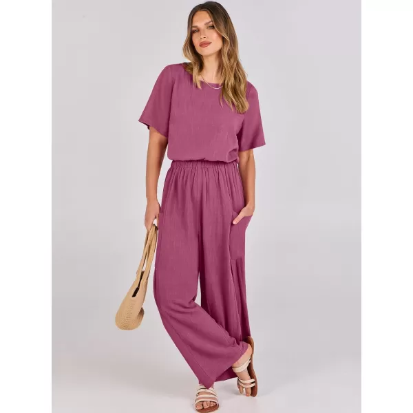 imageANRABESS Jumpsuits for Women 2024 Casual Summer Linen Romper Short Sleeve Wide Leg Long Pants Jumper With PocketsHot Pink