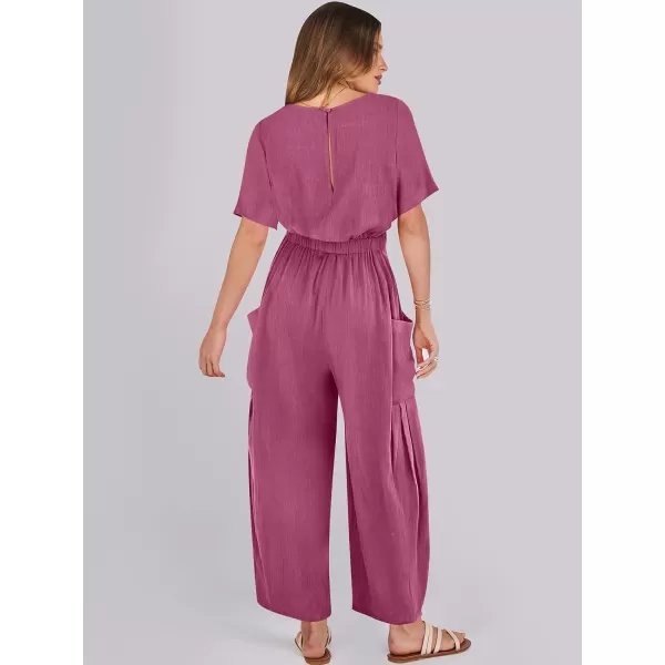 imageANRABESS Jumpsuits for Women 2024 Casual Summer Linen Romper Short Sleeve Wide Leg Long Pants Jumper With PocketsHot Pink