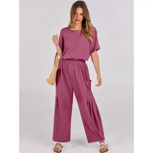 imageANRABESS Jumpsuits for Women 2024 Casual Summer Linen Romper Short Sleeve Wide Leg Long Pants Jumper With PocketsHot Pink