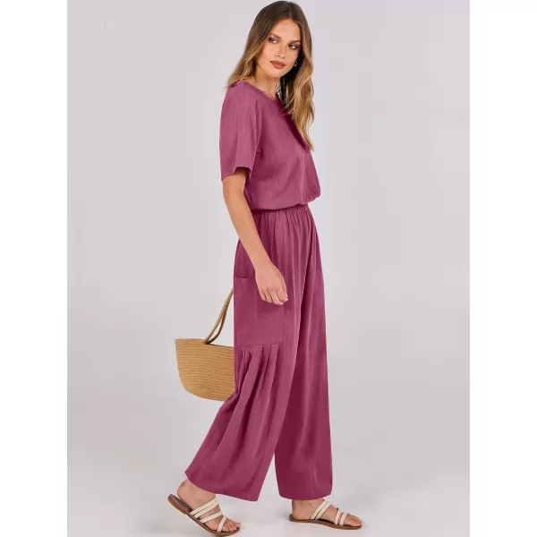 imageANRABESS Jumpsuits for Women 2024 Casual Summer Linen Romper Short Sleeve Wide Leg Long Pants Jumper With PocketsHot Pink