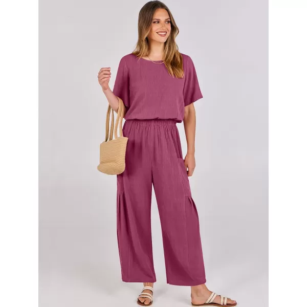 imageANRABESS Jumpsuits for Women 2024 Casual Summer Linen Romper Short Sleeve Wide Leg Long Pants Jumper With PocketsHot Pink