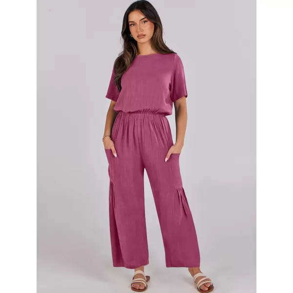 imageANRABESS Jumpsuits for Women 2024 Casual Summer Linen Romper Short Sleeve Wide Leg Long Pants Jumper With PocketsHot Pink