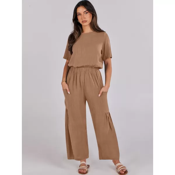 imageANRABESS Jumpsuits for Women 2024 Casual Summer Linen Romper Short Sleeve Wide Leg Long Pants Jumper With PocketsKhaki