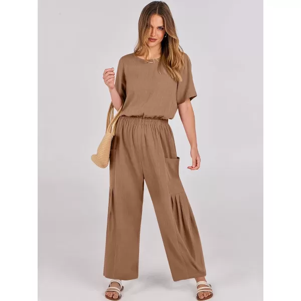imageANRABESS Jumpsuits for Women 2024 Casual Summer Linen Romper Short Sleeve Wide Leg Long Pants Jumper With PocketsKhaki