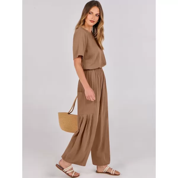 imageANRABESS Jumpsuits for Women 2024 Casual Summer Linen Romper Short Sleeve Wide Leg Long Pants Jumper With PocketsKhaki