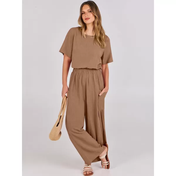imageANRABESS Jumpsuits for Women 2024 Casual Summer Linen Romper Short Sleeve Wide Leg Long Pants Jumper With PocketsKhaki