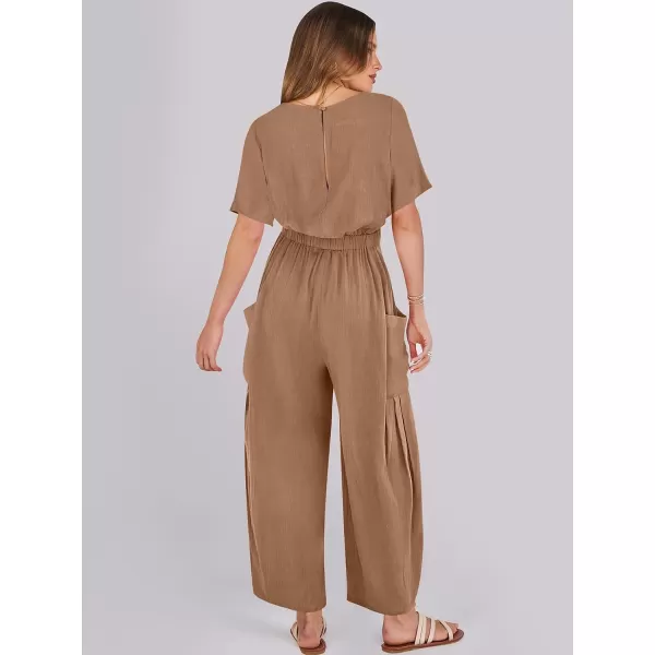 imageANRABESS Jumpsuits for Women 2024 Casual Summer Linen Romper Short Sleeve Wide Leg Long Pants Jumper With PocketsKhaki
