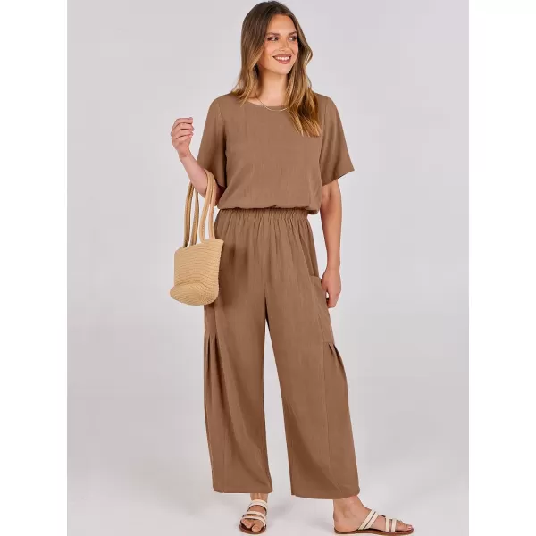 imageANRABESS Jumpsuits for Women 2024 Casual Summer Linen Romper Short Sleeve Wide Leg Long Pants Jumper With PocketsKhaki