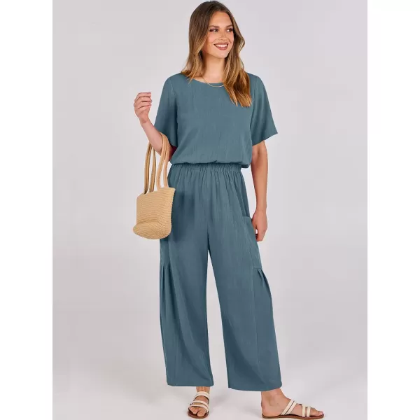imageANRABESS Jumpsuits for Women 2024 Casual Summer Linen Romper Short Sleeve Wide Leg Long Pants Jumper With PocketsLake