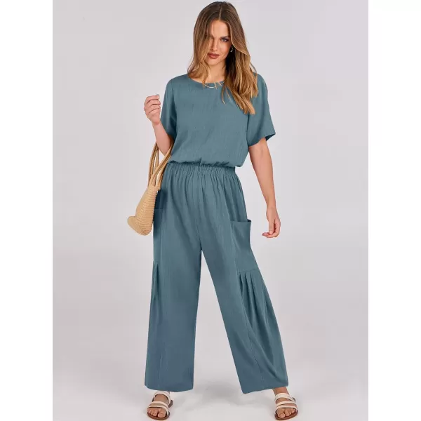 imageANRABESS Jumpsuits for Women 2024 Casual Summer Linen Romper Short Sleeve Wide Leg Long Pants Jumper With PocketsLake