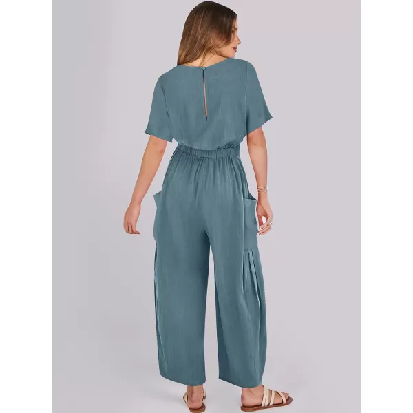 imageANRABESS Jumpsuits for Women 2024 Casual Summer Linen Romper Short Sleeve Wide Leg Long Pants Jumper With PocketsLake