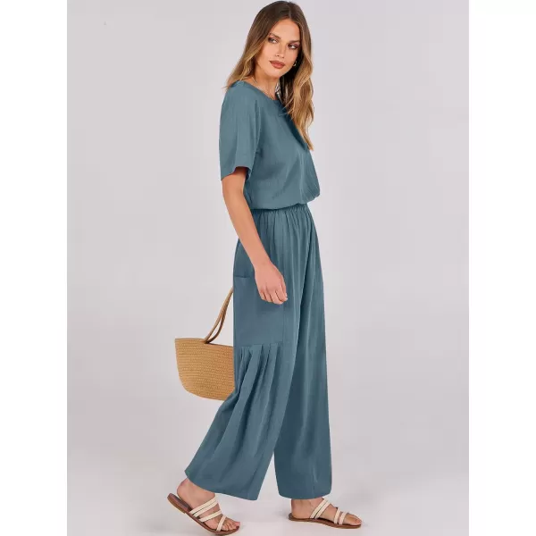 imageANRABESS Jumpsuits for Women 2024 Casual Summer Linen Romper Short Sleeve Wide Leg Long Pants Jumper With PocketsLake