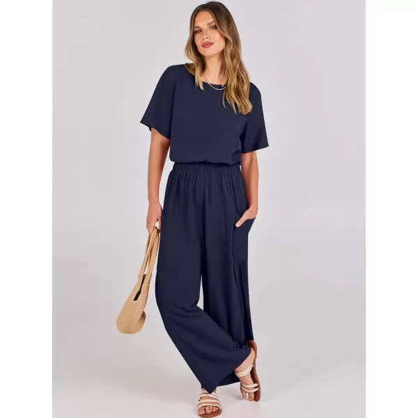 imageANRABESS Jumpsuits for Women 2024 Casual Summer Linen Romper Short Sleeve Wide Leg Long Pants Jumper With PocketsNavy Blue