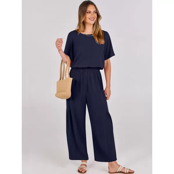 imageANRABESS Jumpsuits for Women 2024 Casual Summer Linen Romper Short Sleeve Wide Leg Long Pants Jumper With PocketsNavy Blue