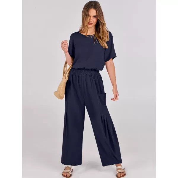 imageANRABESS Jumpsuits for Women 2024 Casual Summer Linen Romper Short Sleeve Wide Leg Long Pants Jumper With PocketsNavy Blue