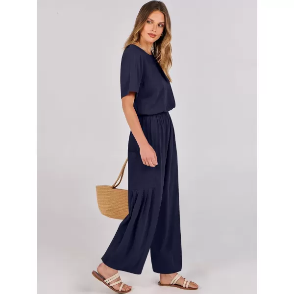 imageANRABESS Jumpsuits for Women 2024 Casual Summer Linen Romper Short Sleeve Wide Leg Long Pants Jumper With PocketsNavy Blue