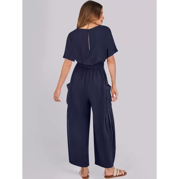 imageANRABESS Jumpsuits for Women 2024 Casual Summer Linen Romper Short Sleeve Wide Leg Long Pants Jumper With PocketsNavy Blue