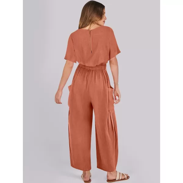imageANRABESS Jumpsuits for Women 2024 Casual Summer Linen Romper Short Sleeve Wide Leg Long Pants Jumper With PocketsRust Red