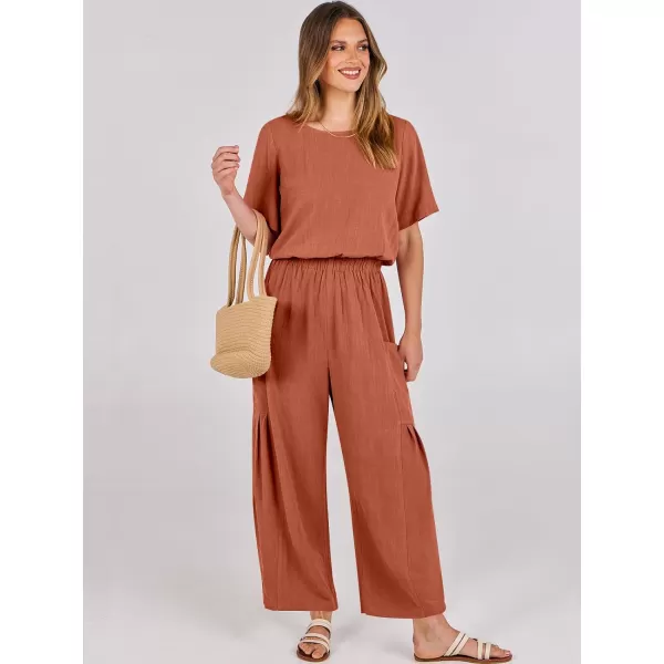 imageANRABESS Jumpsuits for Women 2024 Casual Summer Linen Romper Short Sleeve Wide Leg Long Pants Jumper With PocketsRust Red