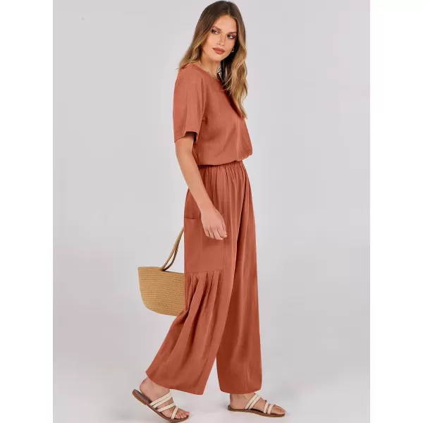 imageANRABESS Jumpsuits for Women 2024 Casual Summer Linen Romper Short Sleeve Wide Leg Long Pants Jumper With PocketsRust Red