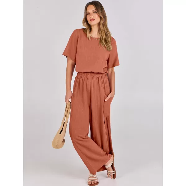 imageANRABESS Jumpsuits for Women 2024 Casual Summer Linen Romper Short Sleeve Wide Leg Long Pants Jumper With PocketsRust Red
