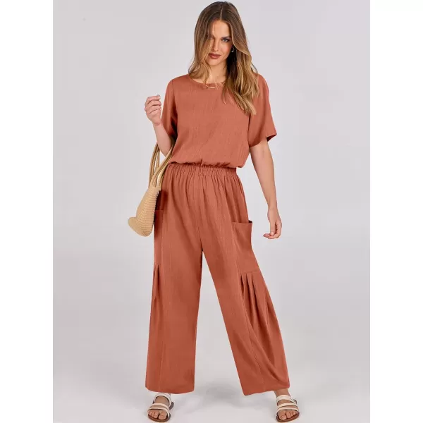imageANRABESS Jumpsuits for Women 2024 Casual Summer Linen Romper Short Sleeve Wide Leg Long Pants Jumper With PocketsRust Red