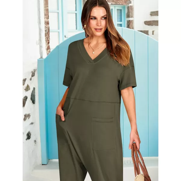 imageANRABESS Jumpsuits for Women 2024 Summer Casual Pajamas Short Sleeve V Neck Harem Pants Onesie Rompers with PocketsArmy Green