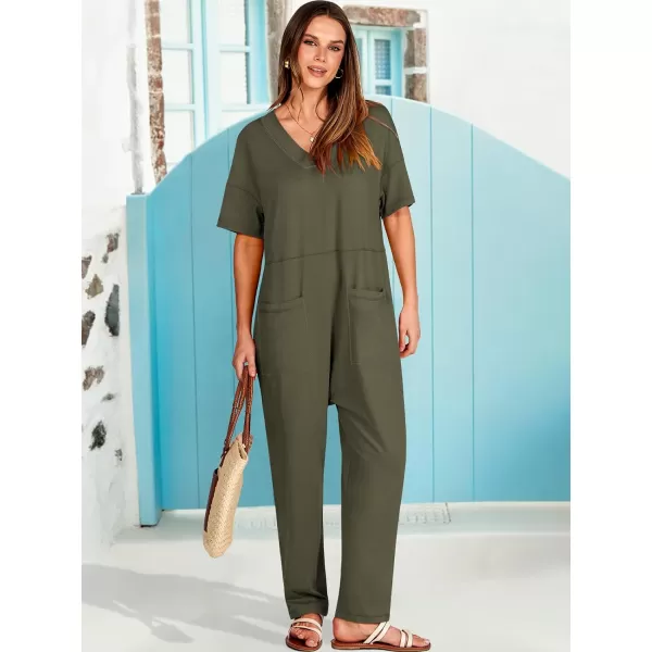 imageANRABESS Jumpsuits for Women 2024 Summer Casual Pajamas Short Sleeve V Neck Harem Pants Onesie Rompers with PocketsArmy Green
