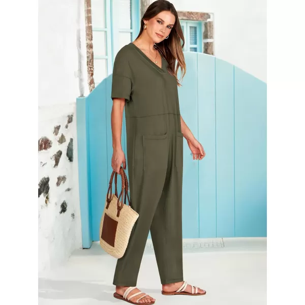 imageANRABESS Jumpsuits for Women 2024 Summer Casual Pajamas Short Sleeve V Neck Harem Pants Onesie Rompers with PocketsArmy Green